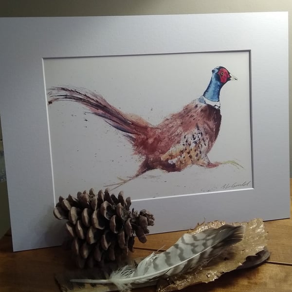 Mounted A4 or A3 signed Art Print, Running Pheasant 