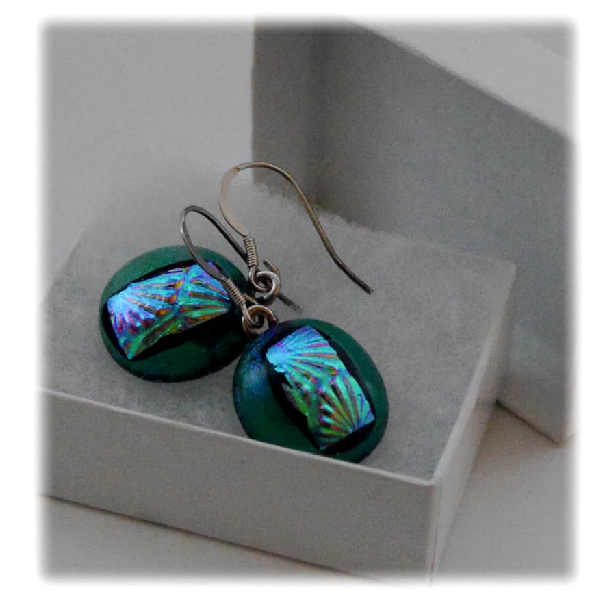 Handmade Fused Dichroic Glass Earrings 152  Emerald Turquoise Florentine