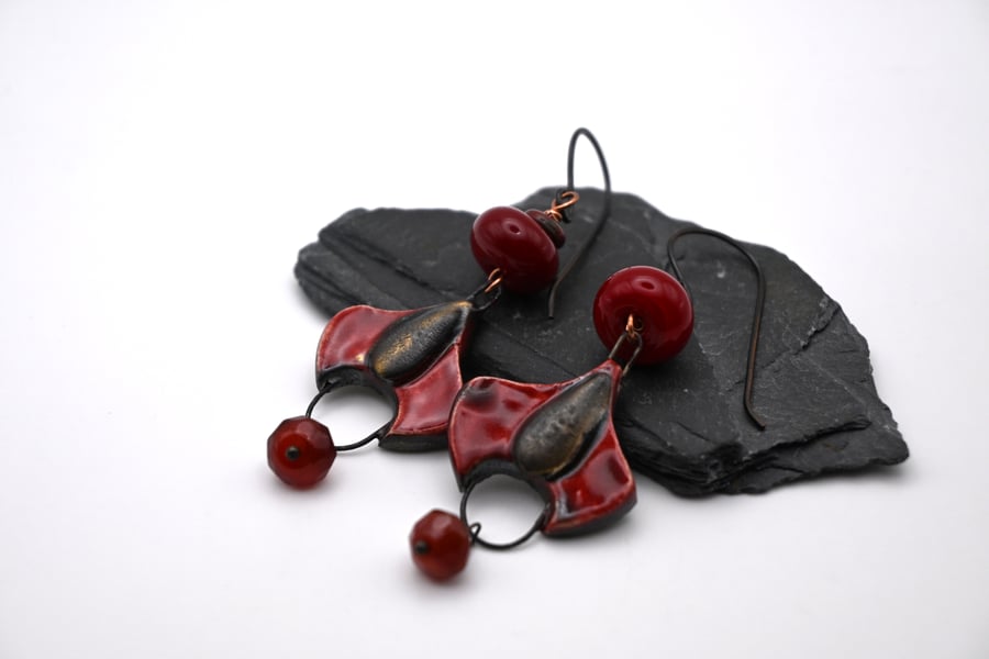 red lampwork glass earrings, copper and ceramic