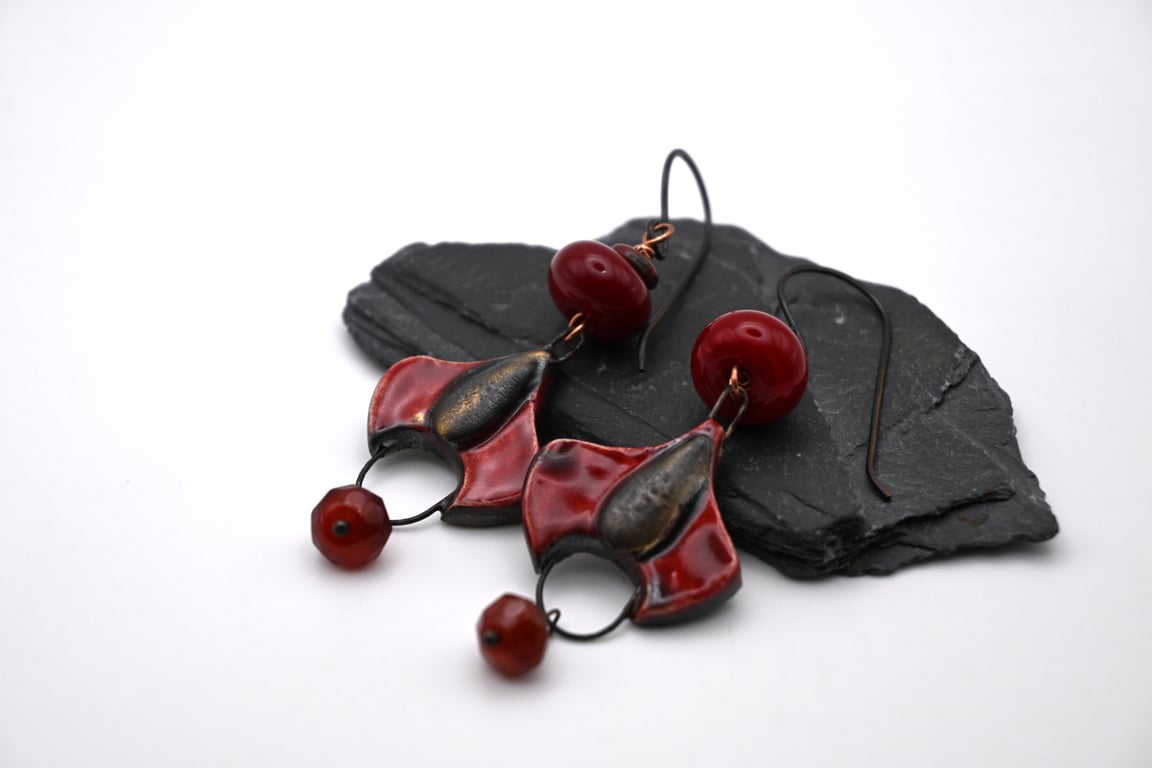 red lampwork glass earrings, copper and ceramic