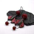 red lampwork glass earrings, copper and ceramic