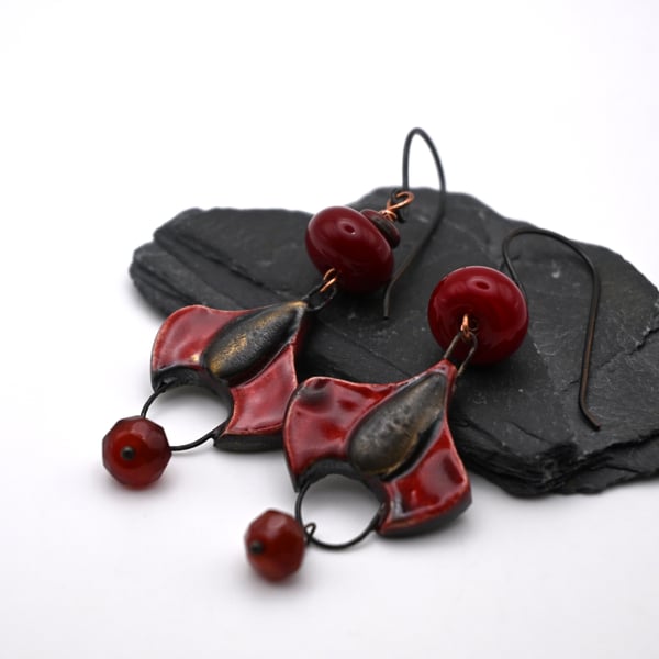 red lampwork glass earrings, copper and ceramic
