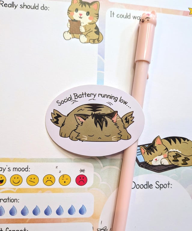 Introvert Cat Sticker, Social Battery Running Low, Tired Kitty die cut Decal 