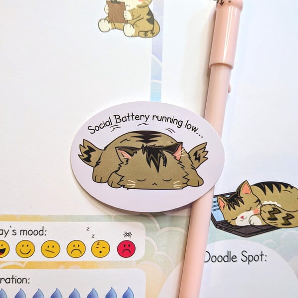 Introvert Cat Sticker, Social Battery Running Low, Tired Kitty die cut Decal 