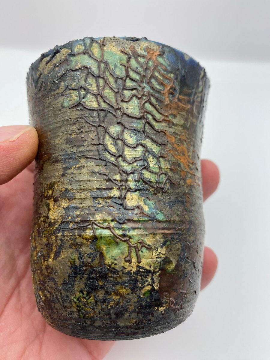 ceramic pot, raku fired, deep sea treasure inspired, decorative raku ware,880