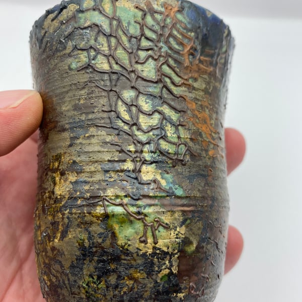 ceramic pot, raku fired, deep sea treasure inspired, decorative raku ware,880