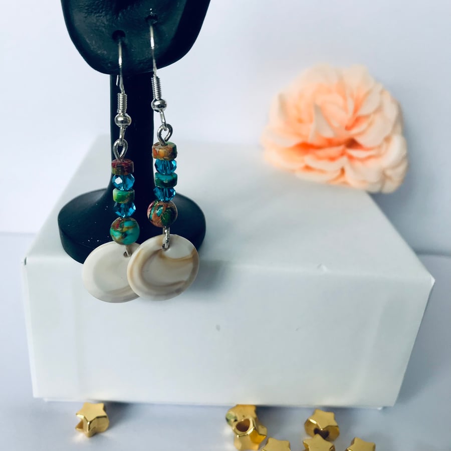 Silver Earrings Semi Precious Imperial Jasper & Facetted Shell Disc, Freepost