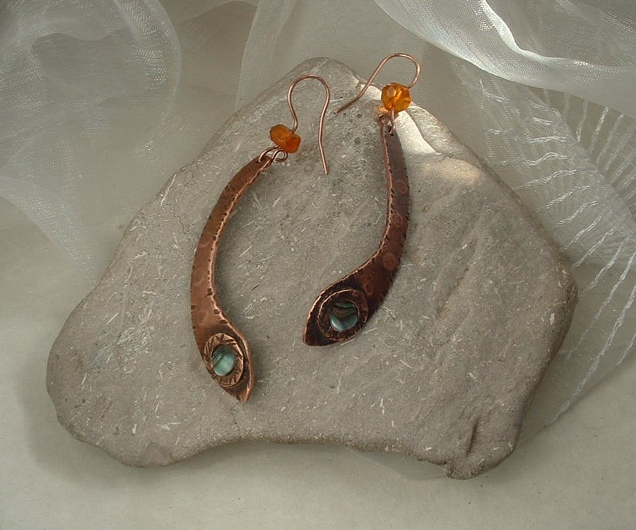 "Copper Cobra" Rustic Copper Earrings with vintage amber beads