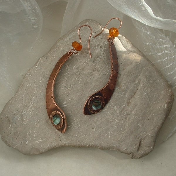 "Copper Cobra" Rustic Copper Earrings with vintage amber beads