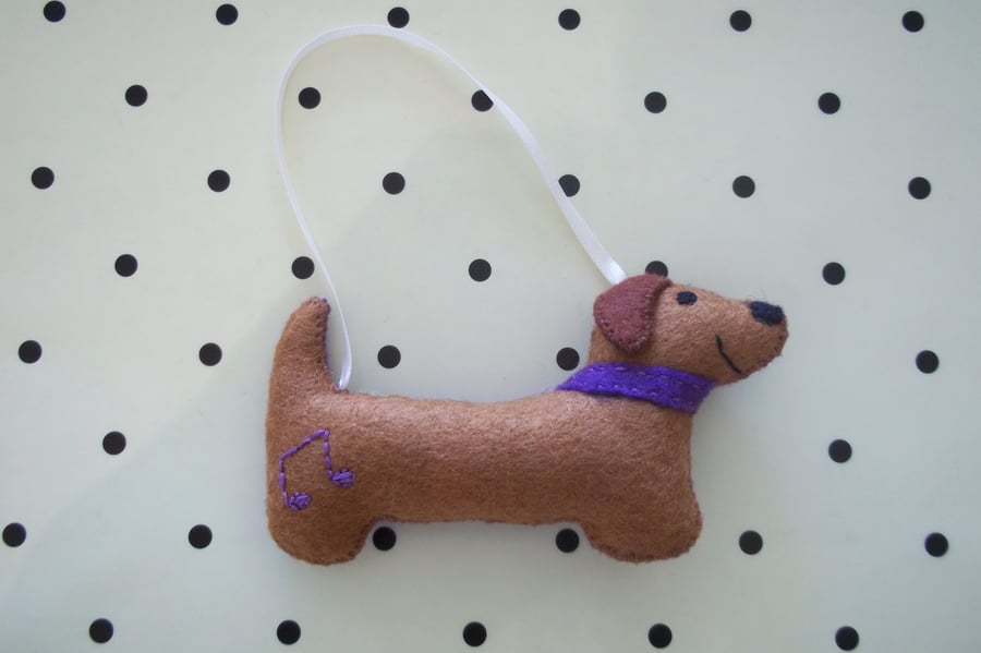 Felt Handmade Sausage Dog ornament. 