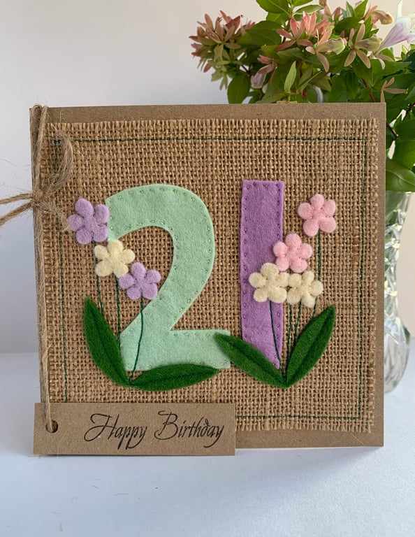 21st Handmade Birthday Card from felt. Keepsake Card. Textile card.