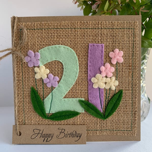 21st Handmade Birthday Card from felt. Keepsake Card. Textile card.