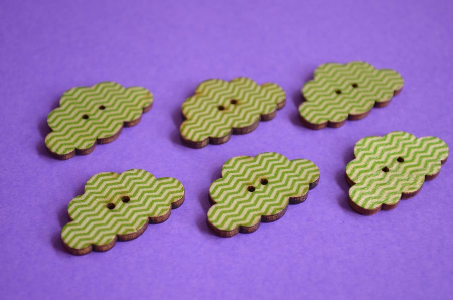 Wooden Cloud Buttons Green and White Zig Zag 6pk 30x20mm (CD5)