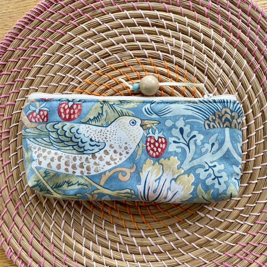 Handmade zipped pencil case or purse in William Morris Strawberry Thief fabric