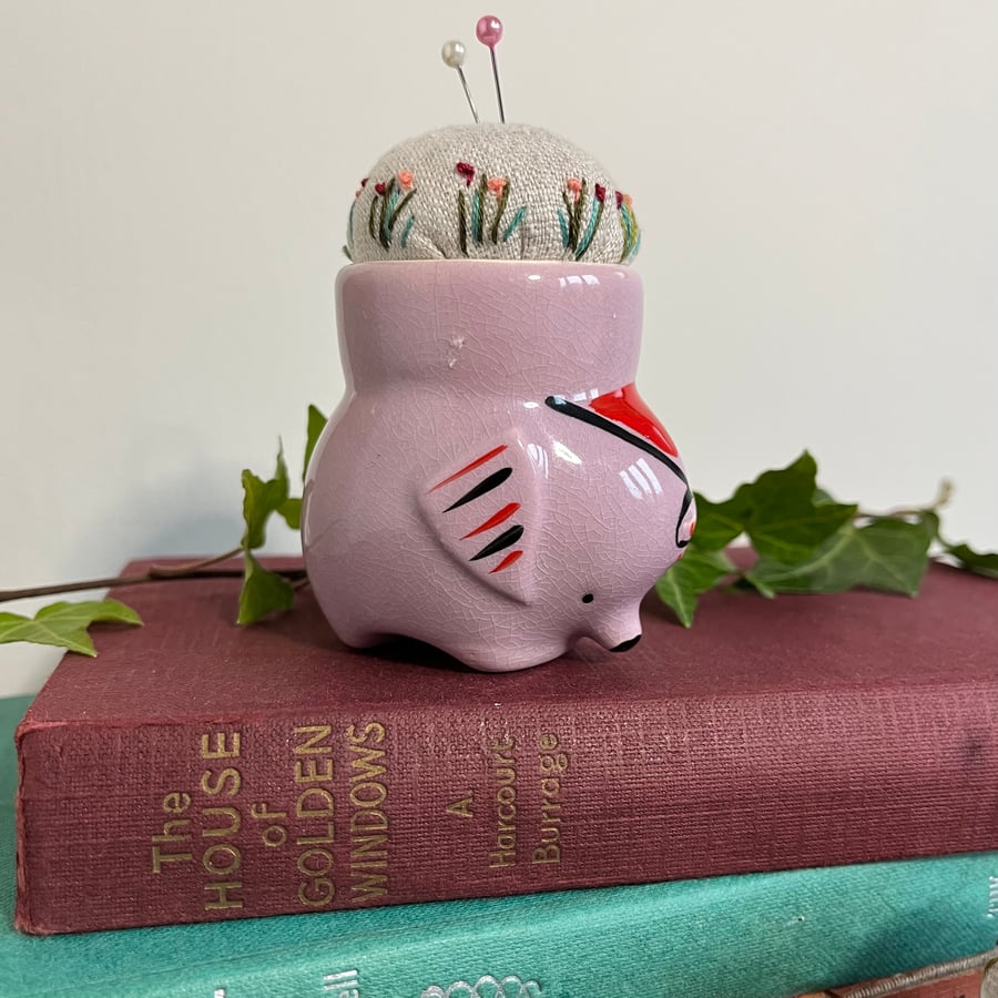 Vintage elephant egg cup embroidered pin cushion with bee and flowers