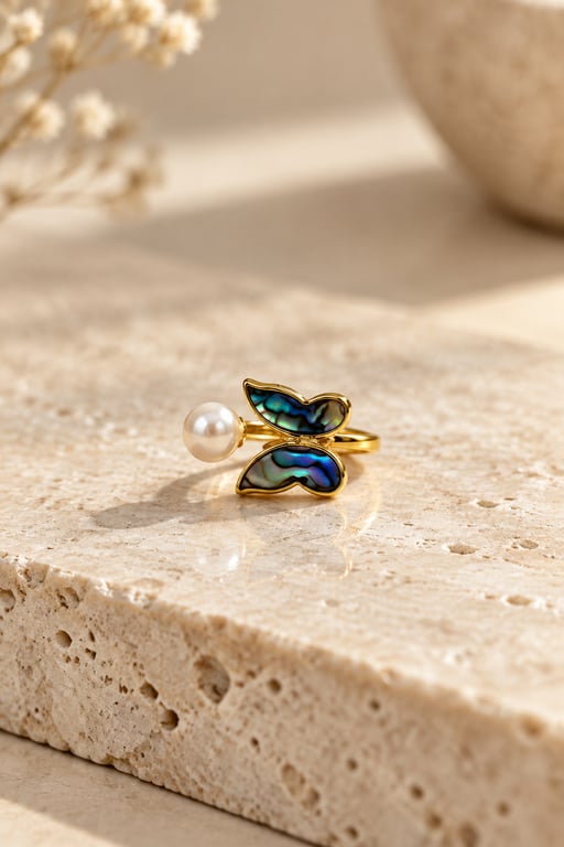 Abalone Shell Butterfly and Pearl Adjustable Ring, Gold Plated