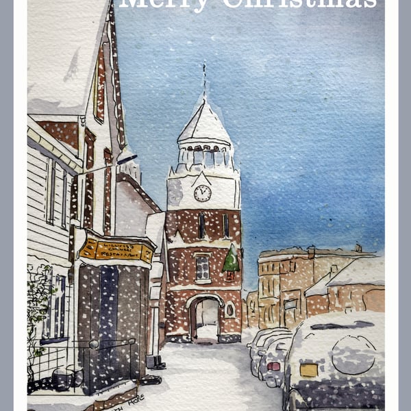 Burnham-on-Crouch – The Clock Tower in the High Street with Falling Snow