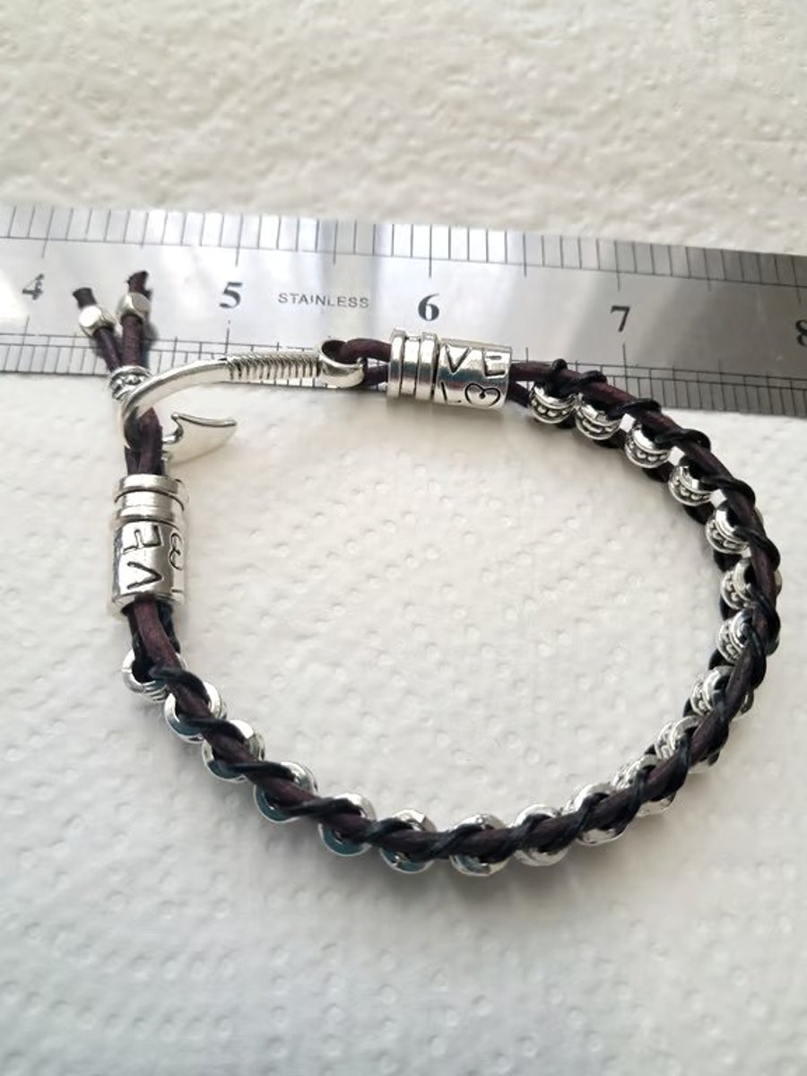 Leather Spacer  black burgundy silver Bracelet Handmade