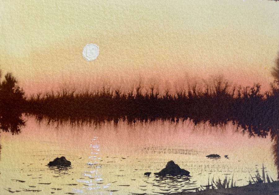 Sunset lake (Watercolour and ink FULLY MOUNTED 8” x 6”)
