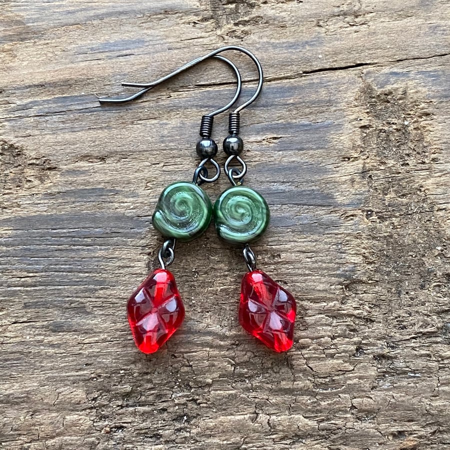 Red diamond & green fossil beaded earrings
