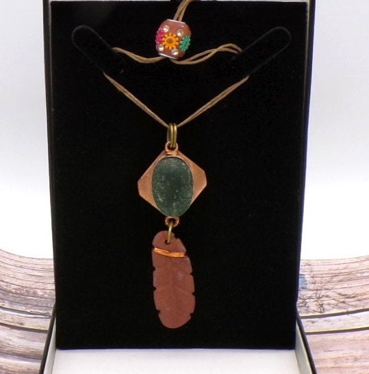 Handmade Cornish Sea Glass Pendant Copper & Carved Beach Stone, Hemp Necklace