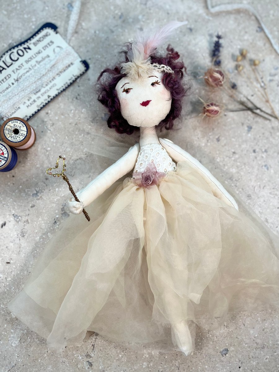 Fairy handmade ornament - Ruby - reclaimed fabrics, lace, tree topper