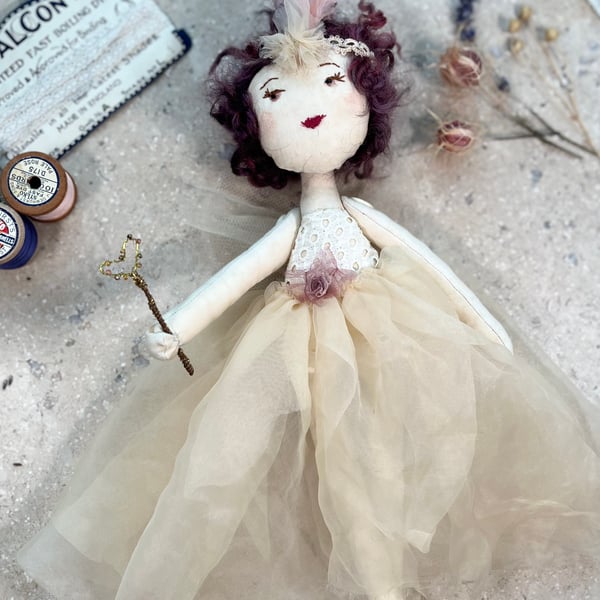 Fairy handmade ornament - Ruby - reclaimed fabrics, lace, tree topper