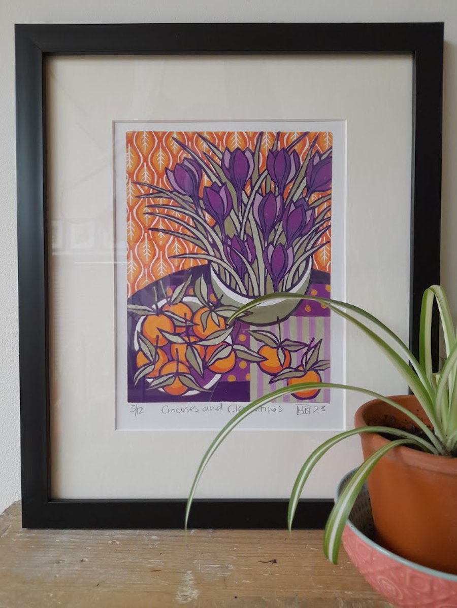 Original limited edition handmade linocut print  'Crocuses and Clementines'