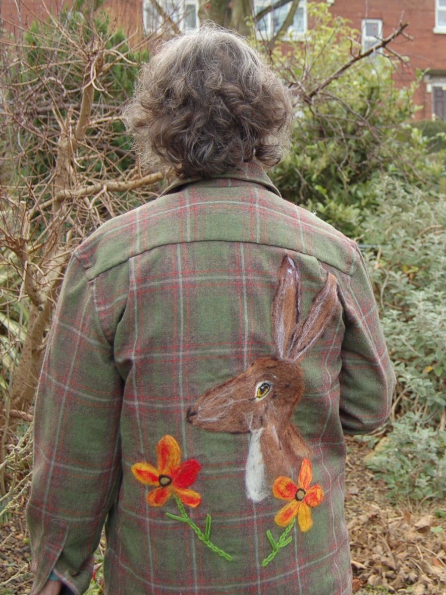 Pre-loved Wool shirt upcycled with needlefelt Hare and flowers art work