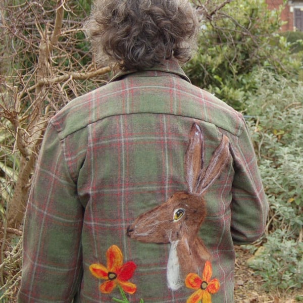 Pre-loved Wool shirt upcycled with needlefelt Hare and flowers art work