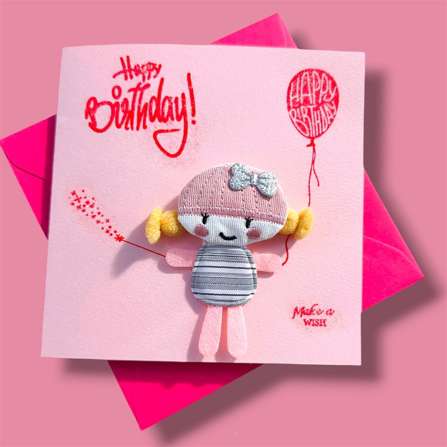 Birthday Card for Young Girl, twins, Fabric Doll with Glitter "Make a Wish" 