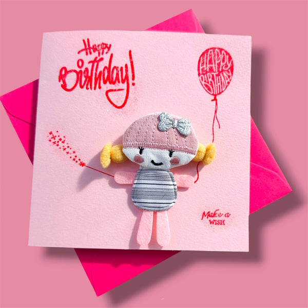 Birthday Card for Young Girl, Fabric Doll with Glitter "Make a Wish" Design