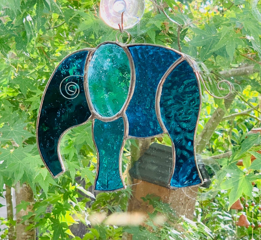 Stained Glass Large Elephant Suncatcher - Handmade Hanging Decoration - Turq