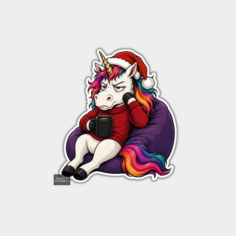 Funny Christmas Sticker Vinyl Xmas Decal For Adults - Grumpy Sulking Unicorn