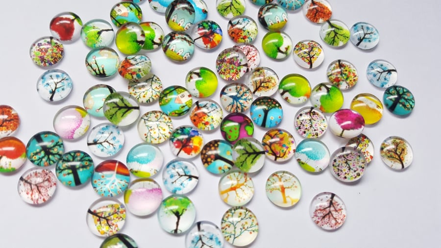 20 x Glass Dome Cabochons - 10mm - Tree Of Life - Mixed Designs 