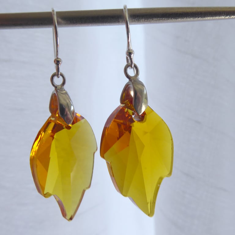 Sterling Silver and Swarovski Topaz Crystal Leaf Pendant Earrings