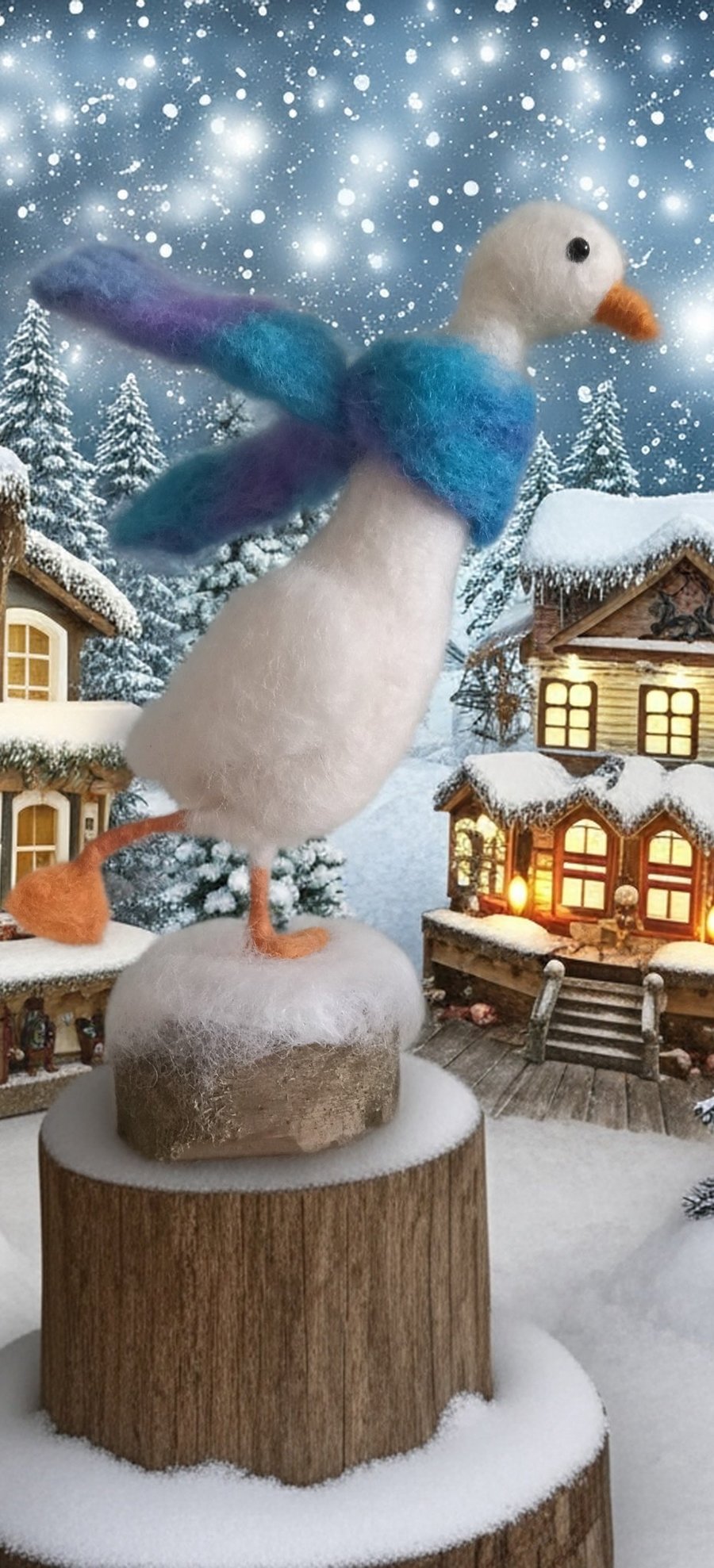 Needle felted skating goose in snow wearing scarf