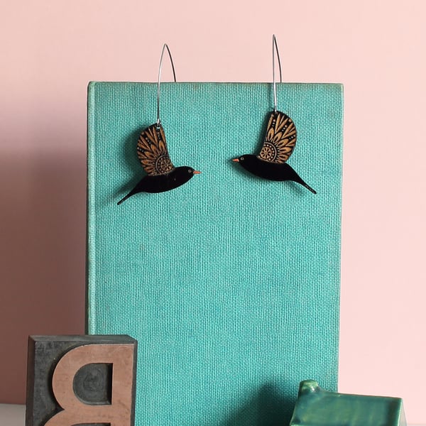 Little Hand Painted Wooden Blackbird Drop Earrings
