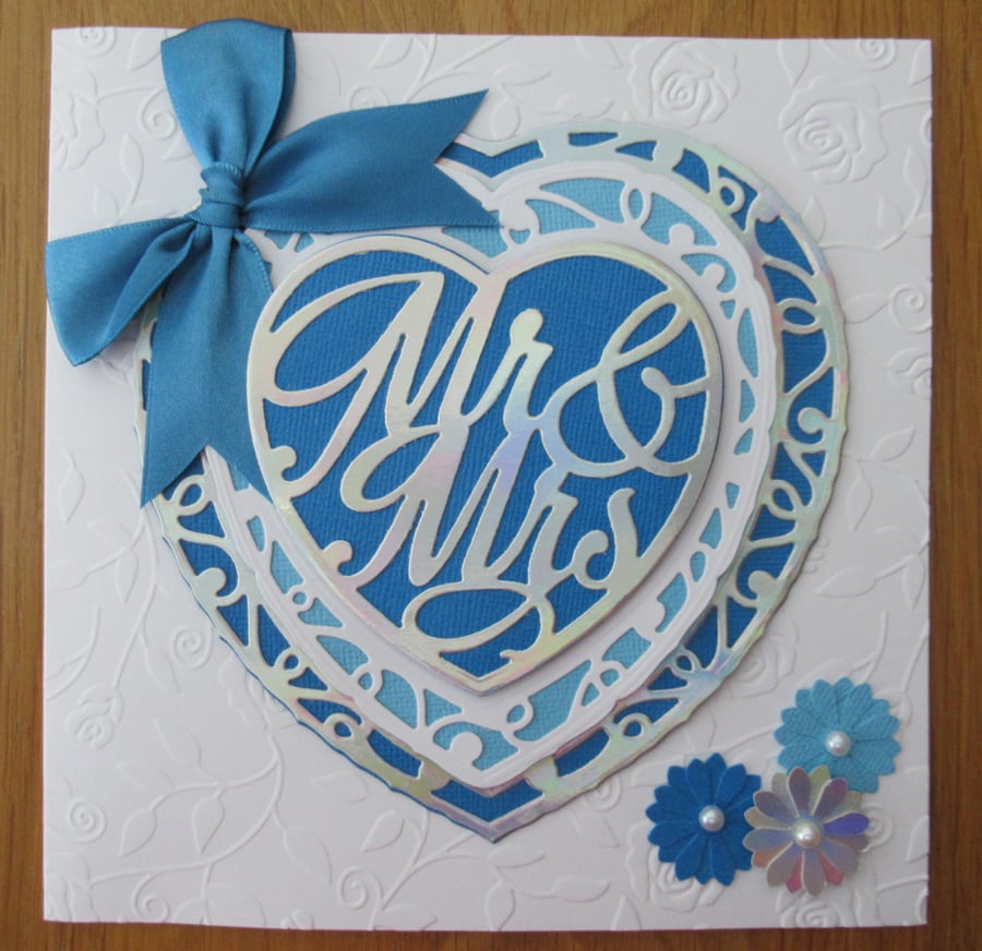 Mr & Mrs - Heart - 7x7" Wedding Card - Blue