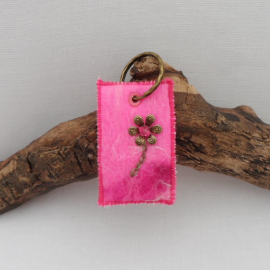 Felted key ring - pink with flower