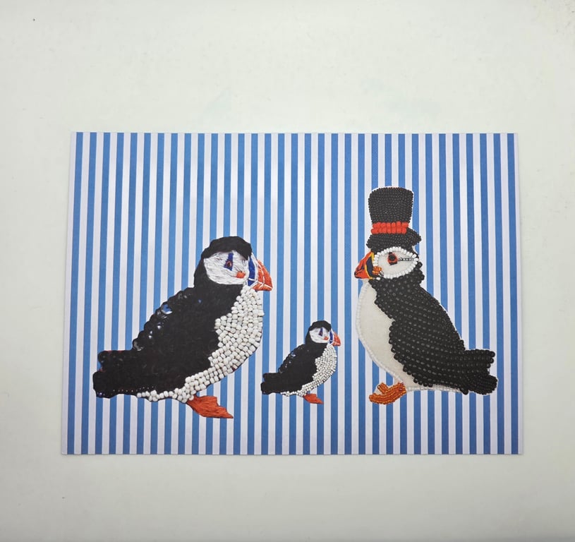 A5 Puffin family print on blue and white
