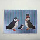 A5 Puffin family print on blue and white