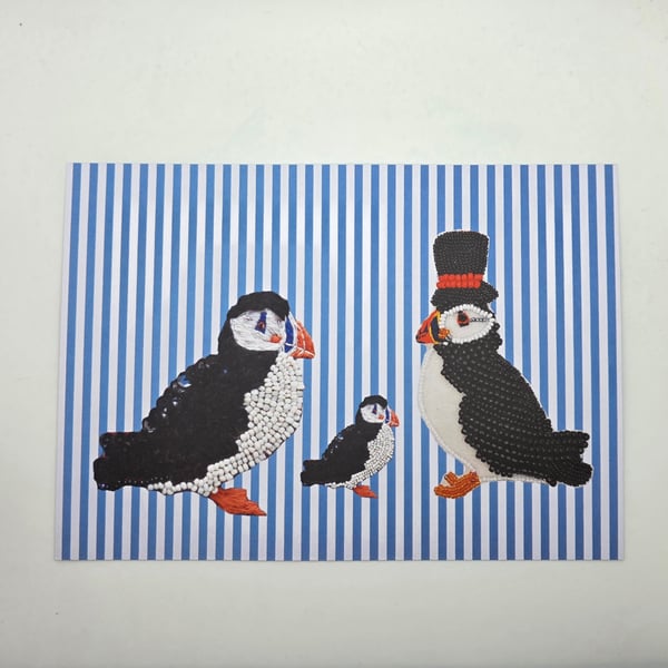 A5 Puffin family print on blue and white