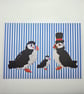 A5 Puffin family print on blue and white