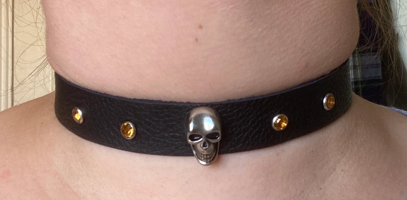 Black leather choker w Skull and 4 Orange Gemstones - FREE SHIPPING