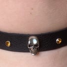 Black leather choker w Skull and 4 Orange Gemstones - FREE SHIPPING