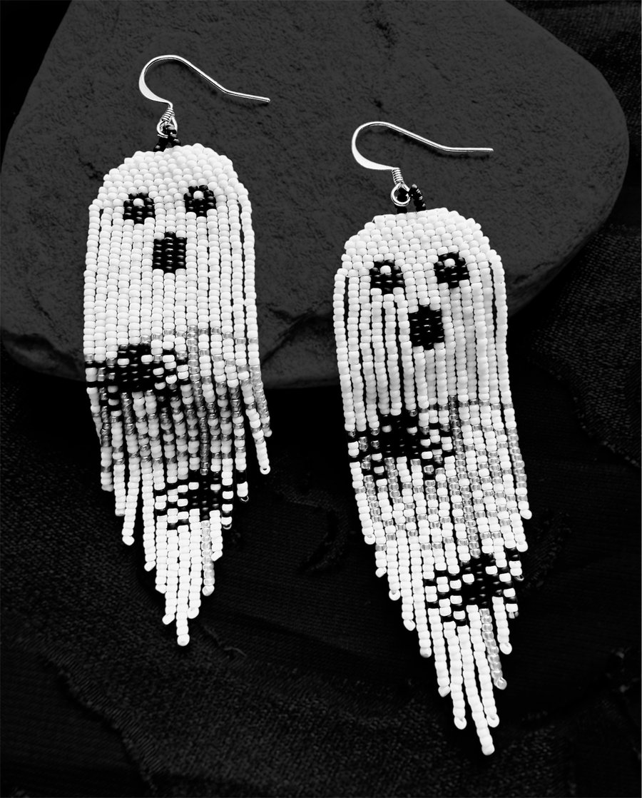 Halloween ghost beaded fringe earrings with spooky spiders