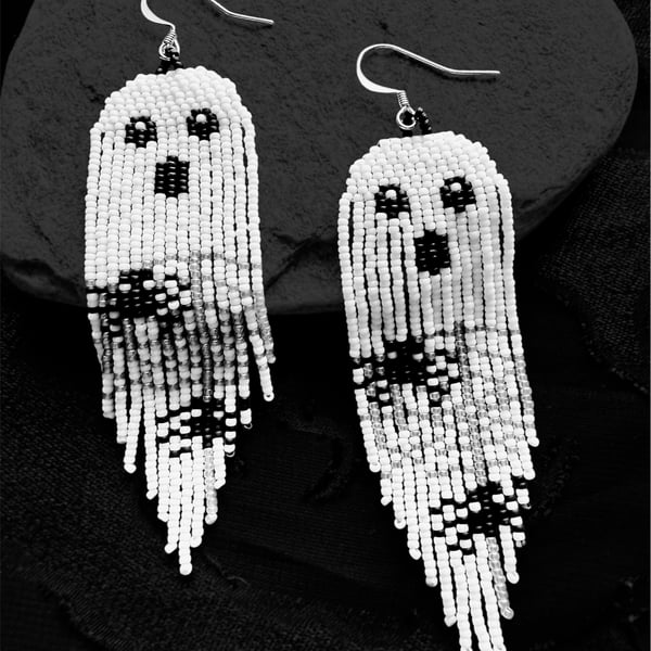 Halloween ghost beaded fringe earrings with spooky spiders