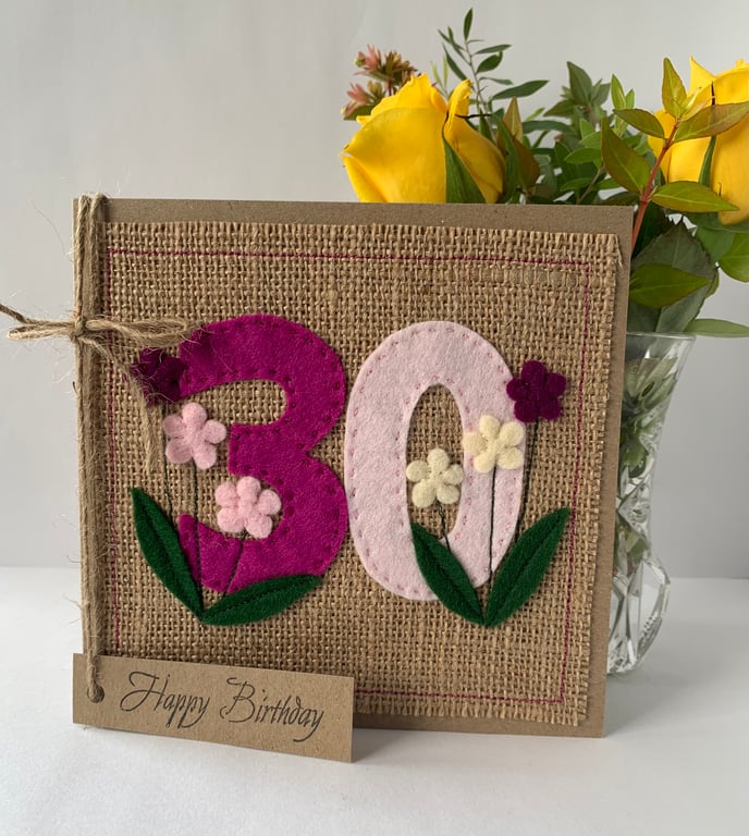 30th Handmade Birthday Card from felt. Keepsake Card. Textile card.