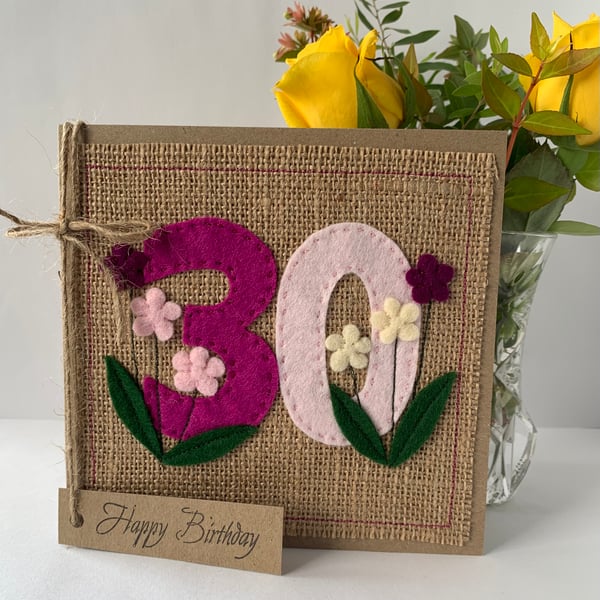 30th Handmade Birthday Card from felt. Keepsake Card. Textile card.